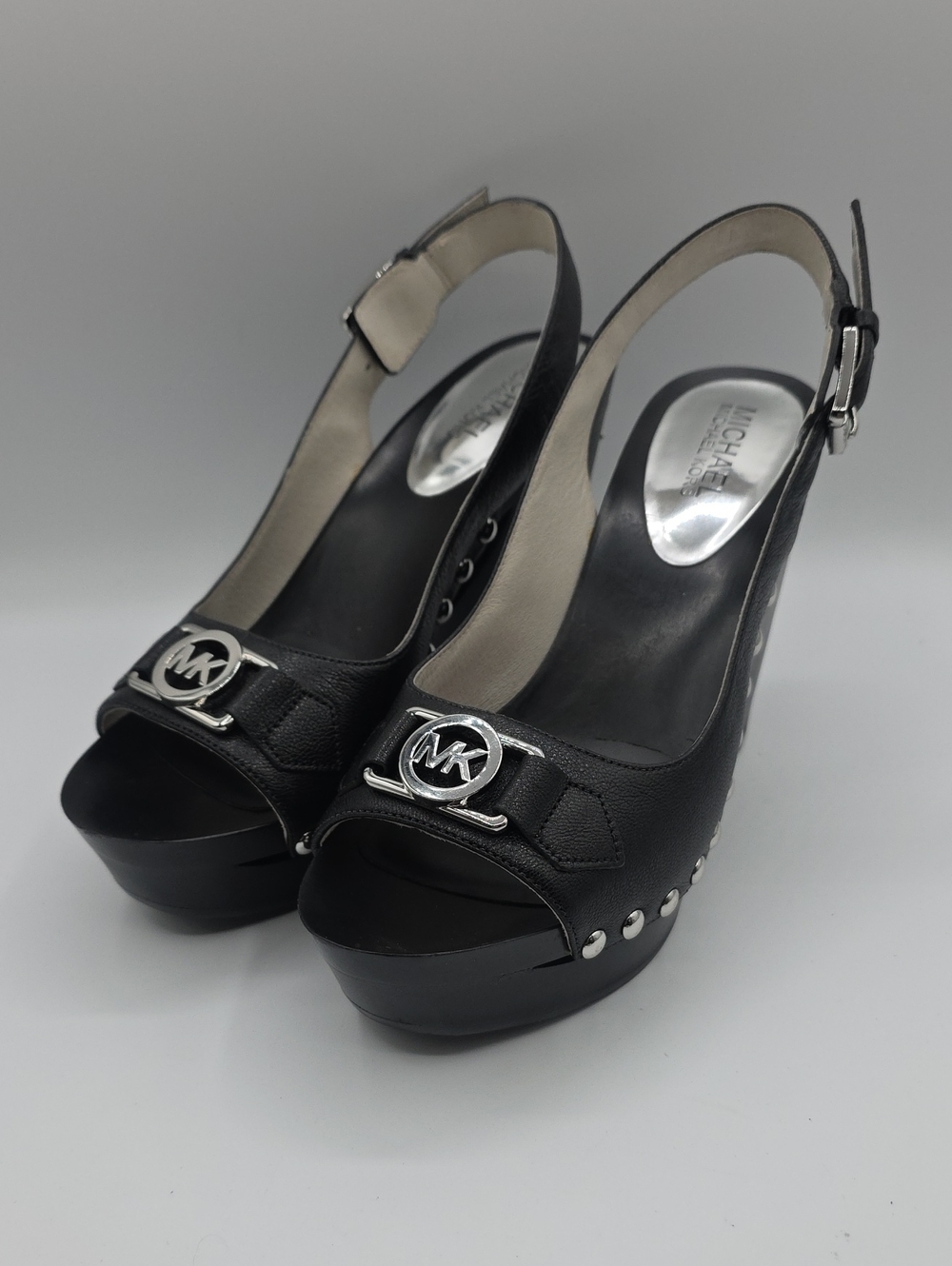 Michael Kors Black Leather Peep-Toe Slingback Platform Heels